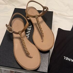 CHANEL Beige Chain T-Strap Sandals